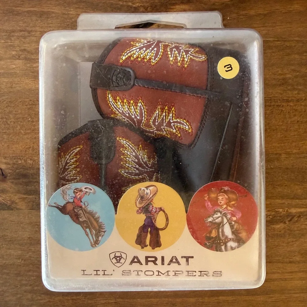 Ariat Lil' Stompers Baby Cowboy Boots Size 3 Brown Western Embroidered w/ Case